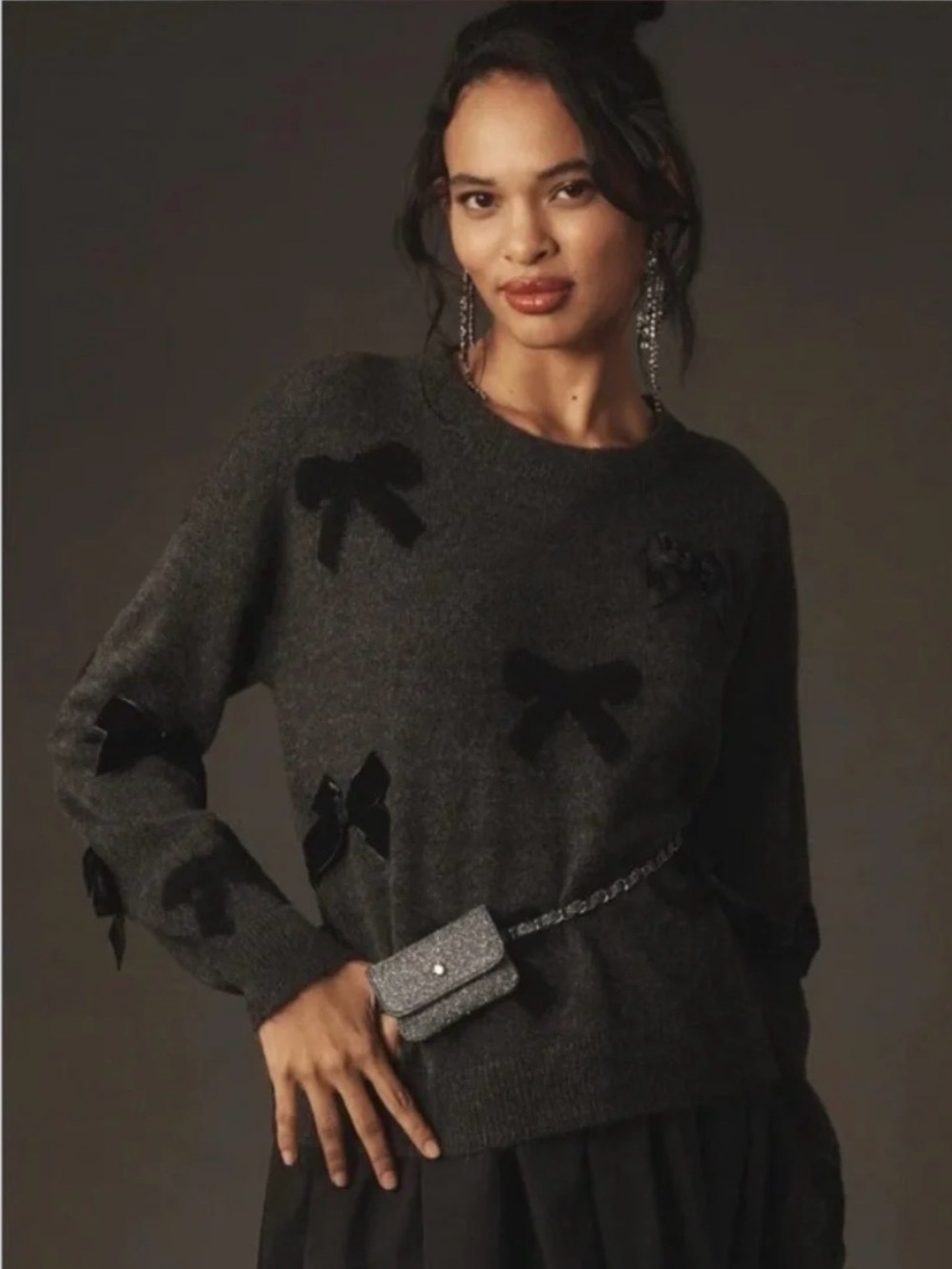 Maeve by Anthropologie Gray Black Bow Sweater Coquette Knit Pullover XS/S